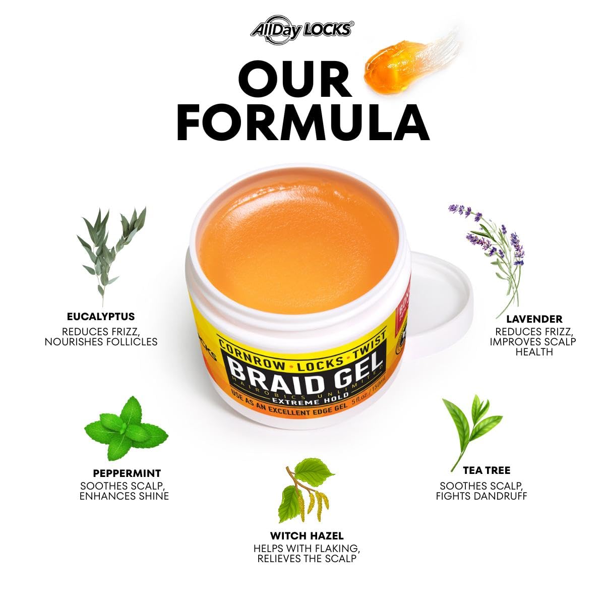 AllDay Locks Braid Gel (Jar) | Extreme Hold, High Shine | Frizz & Flake-Free Edge Control | Tea Tree, Lavender, Peppermint Oil | Slick & Style Braids, Locks, Twists, Cornrows | 32 oz